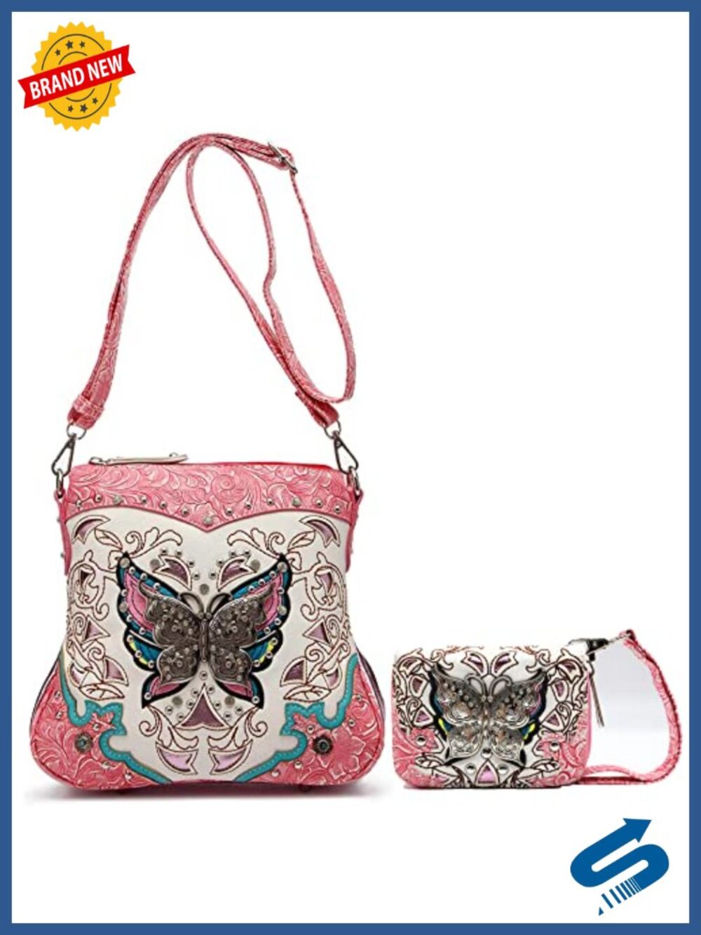 Vegan Leather Crossbody Bag with Rhinestone Studs, Adjustable Strap, Zip